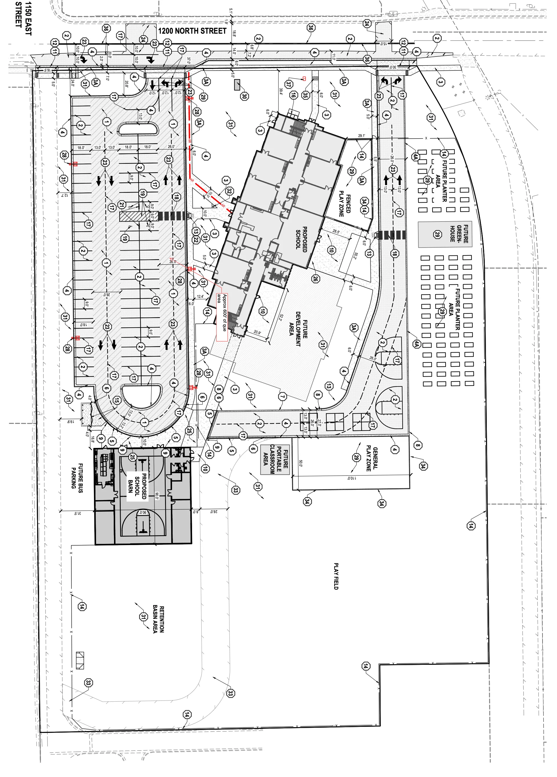 Engineering site plan of the proposed school, turned so north is up. 1200 North Street runs along the top edge and 1150 East Street is at the top left. Two driveways connect to 1200 North. The one nearer 1150 East leads into a long parking lot with a drop-off loop; the other, farther east, leads to a drive aisle. The school building sits diagonally in the middle, with a future development area beside it, a proposed school barn south of the parking lot, and a play field and retention basin to the south. Numbered pins mark the five points listed below.